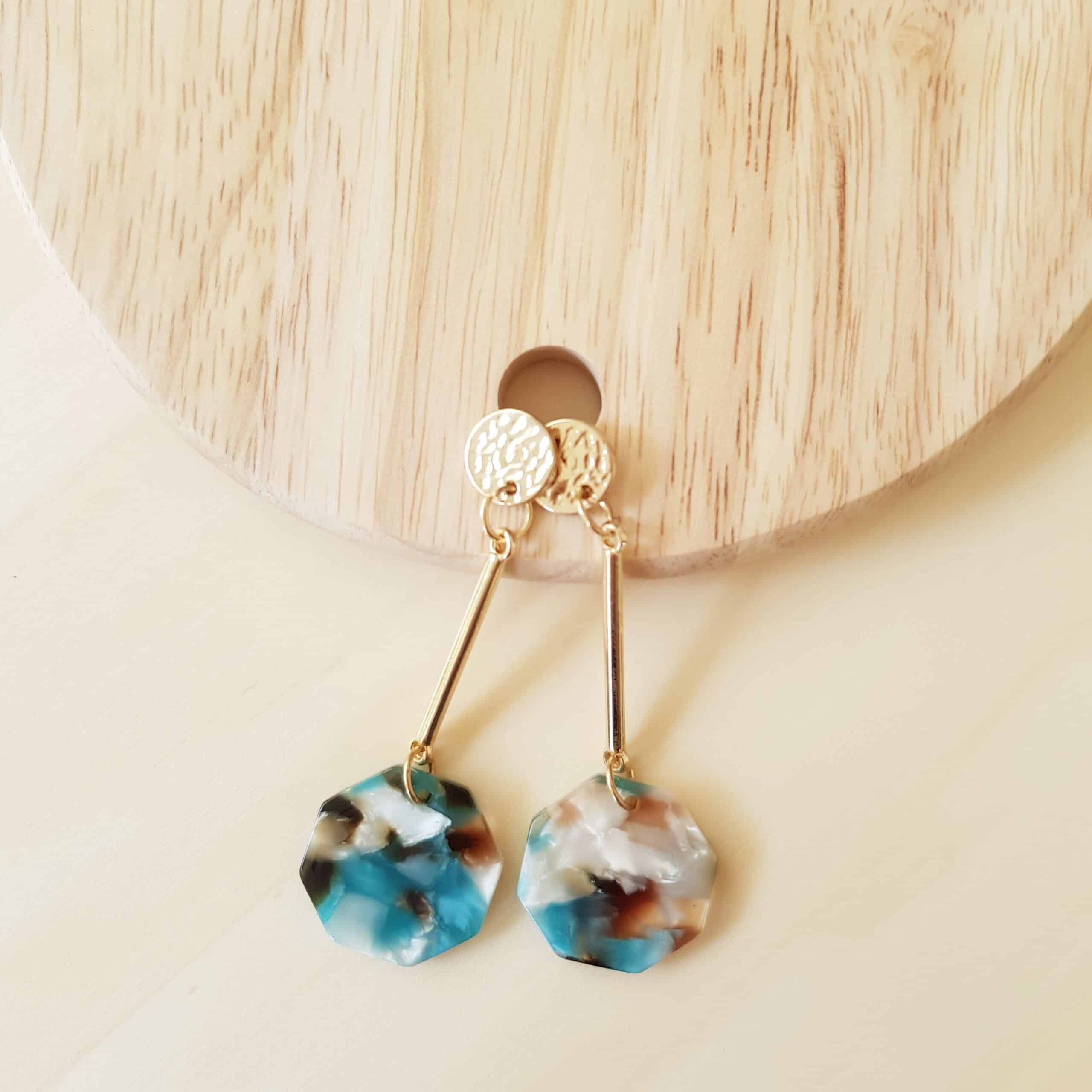 Turquoise Ombre Resin Watermarble Emerald Coin Octagon Earrings in Natural Light