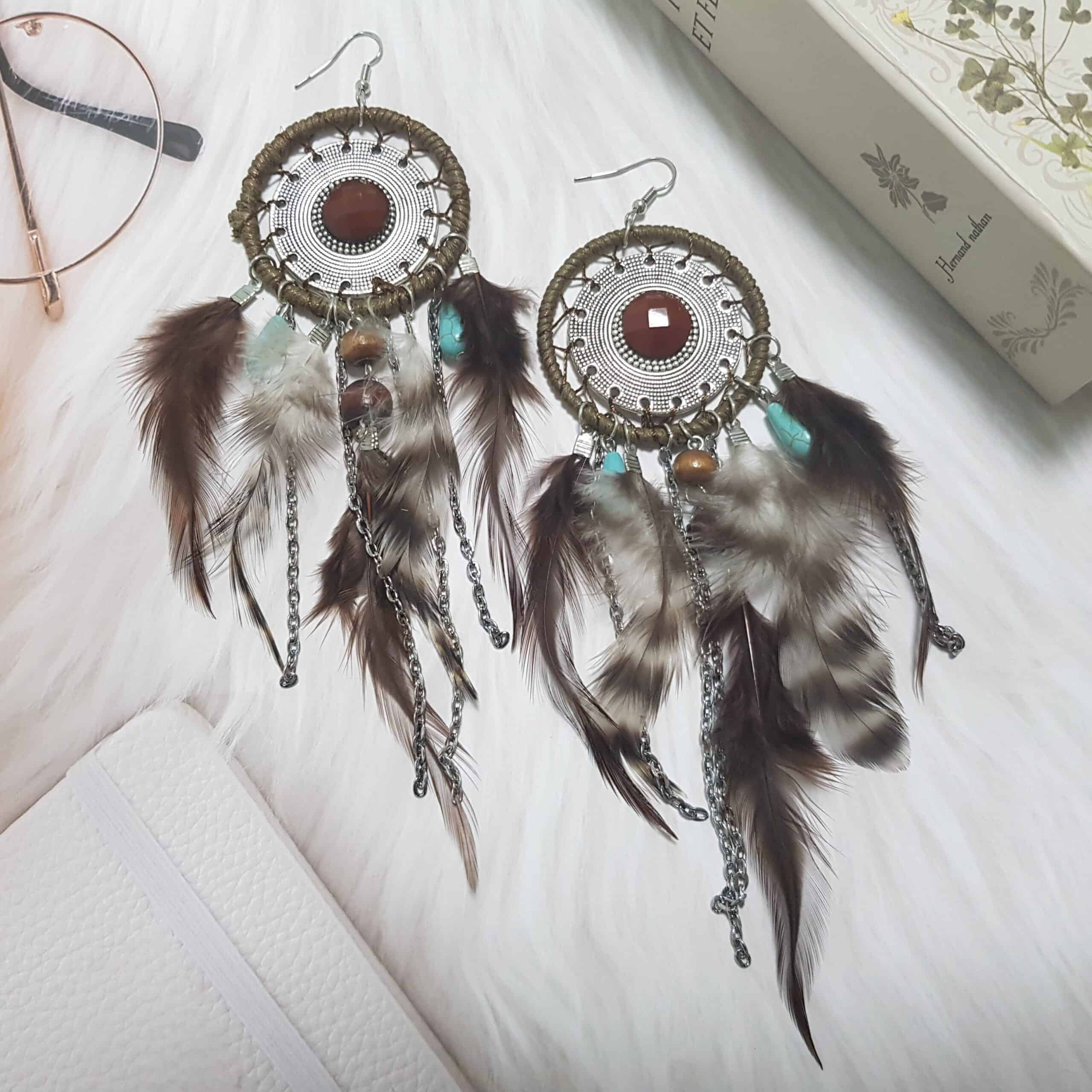 Auburn Hermosa Dreamcatcher Feather Statement Drape Earrings