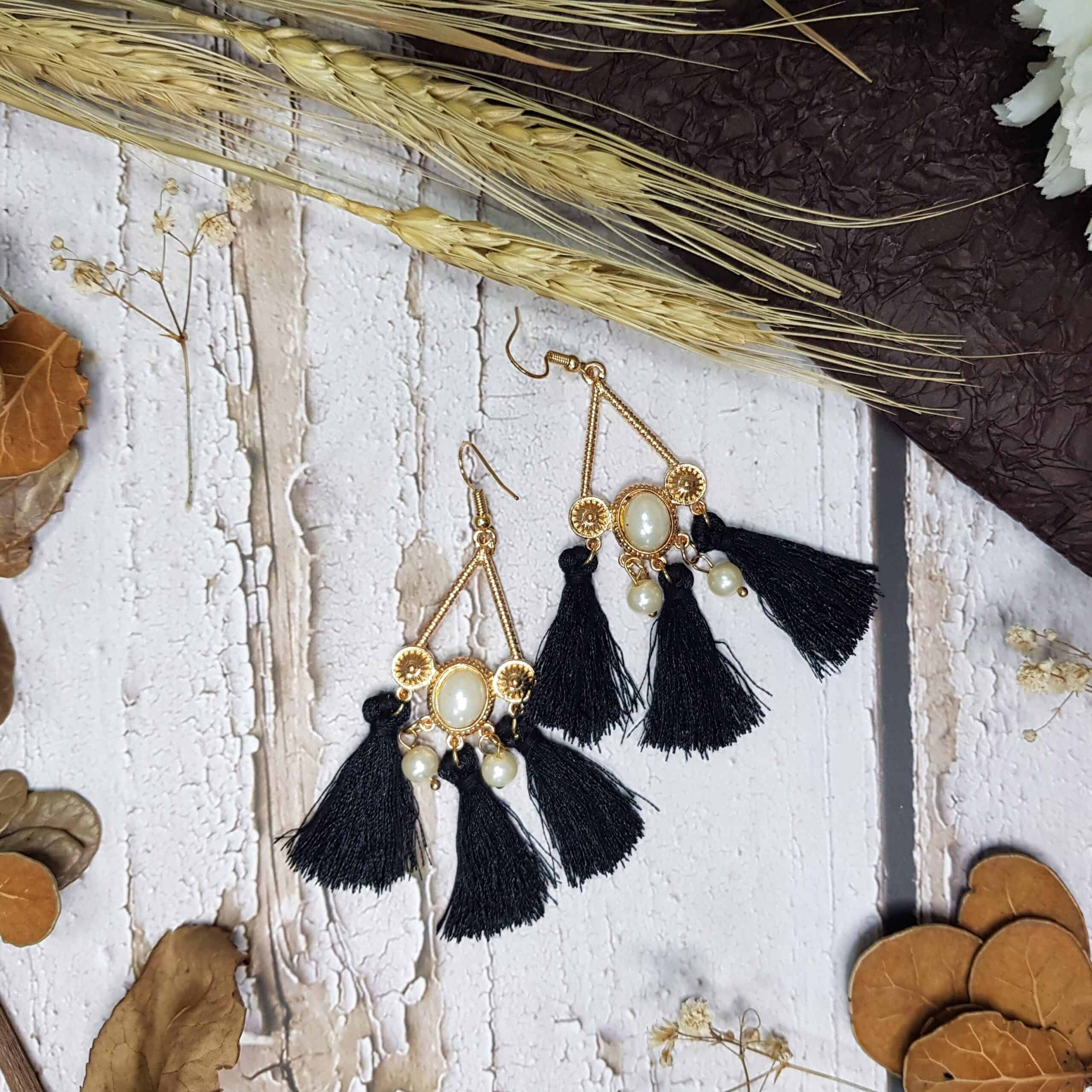 Black Aries tassel statement earrings