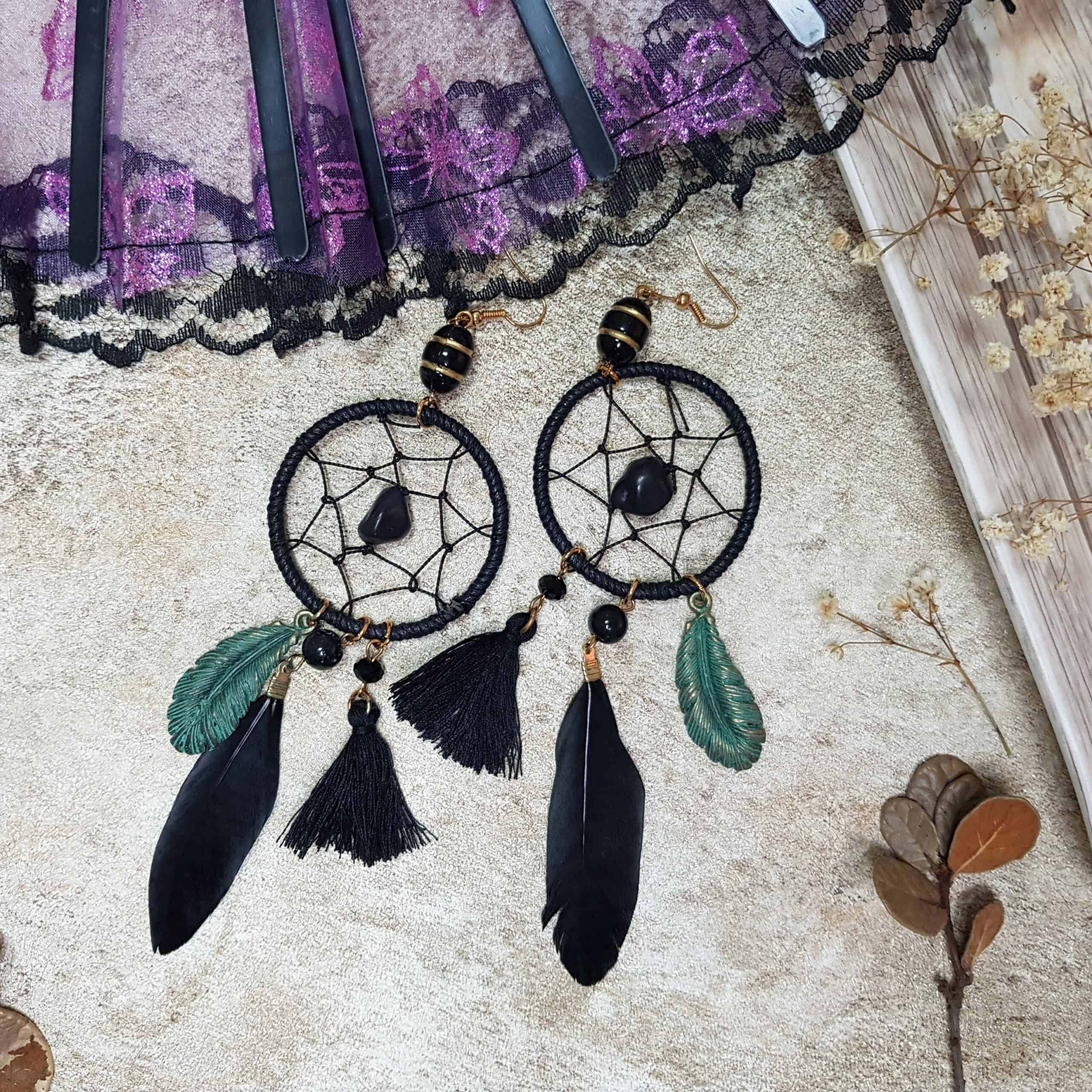 Black obsidian beaded dreamcatcher statement earrings