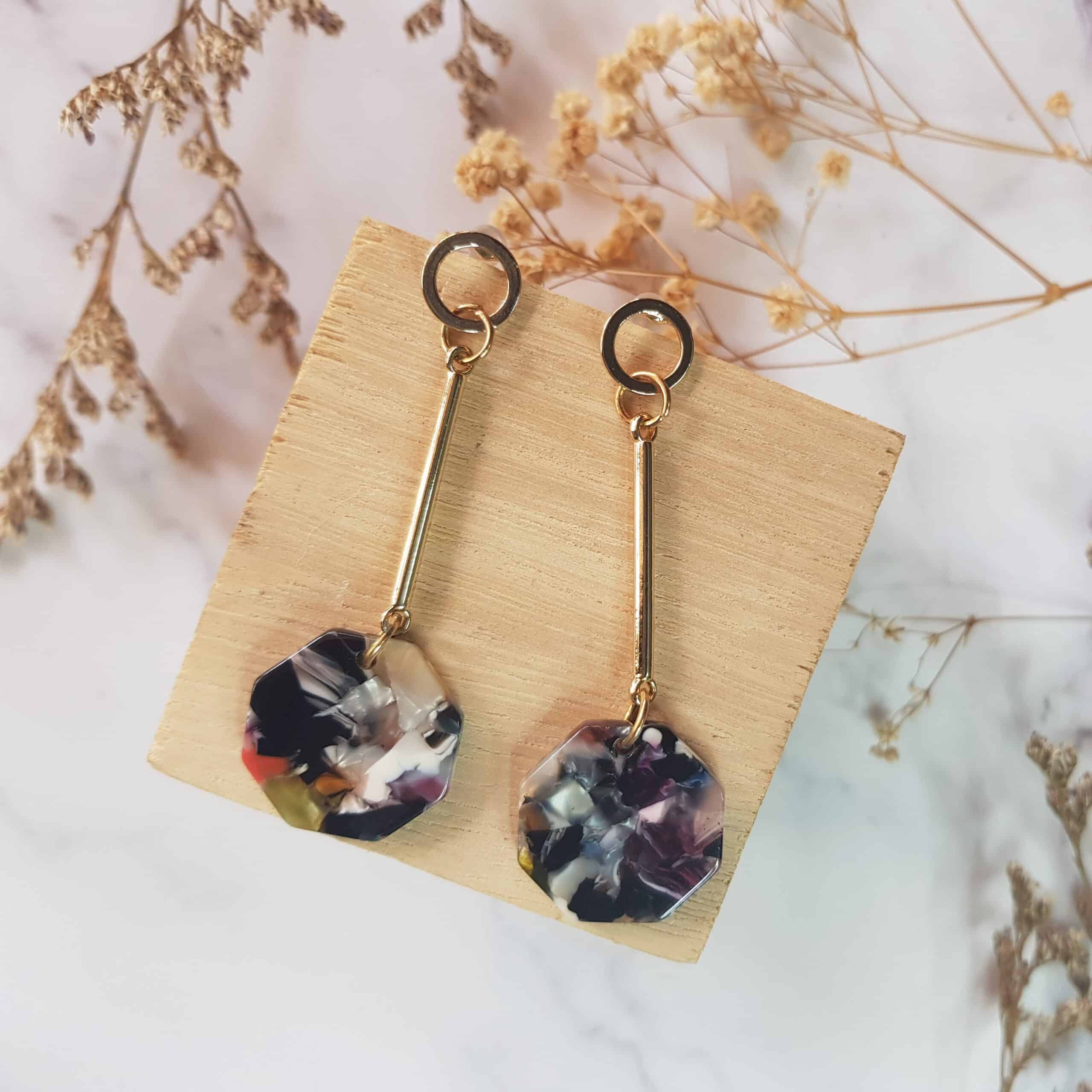 Black Cosmos Ombre Resin Watermarble Octagon Earrings