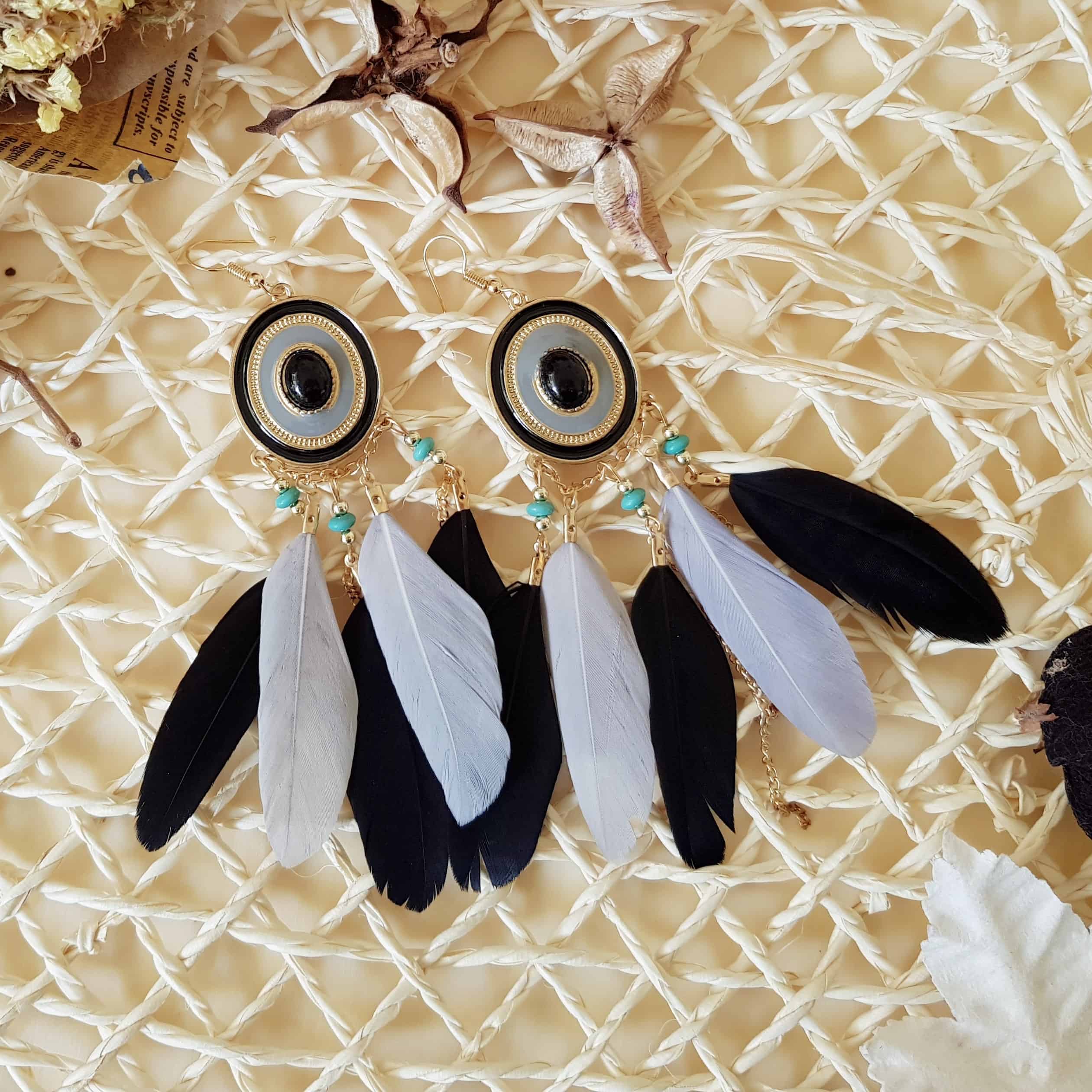 Black and Gold Bohemian Kalon Feather Drop Earrings