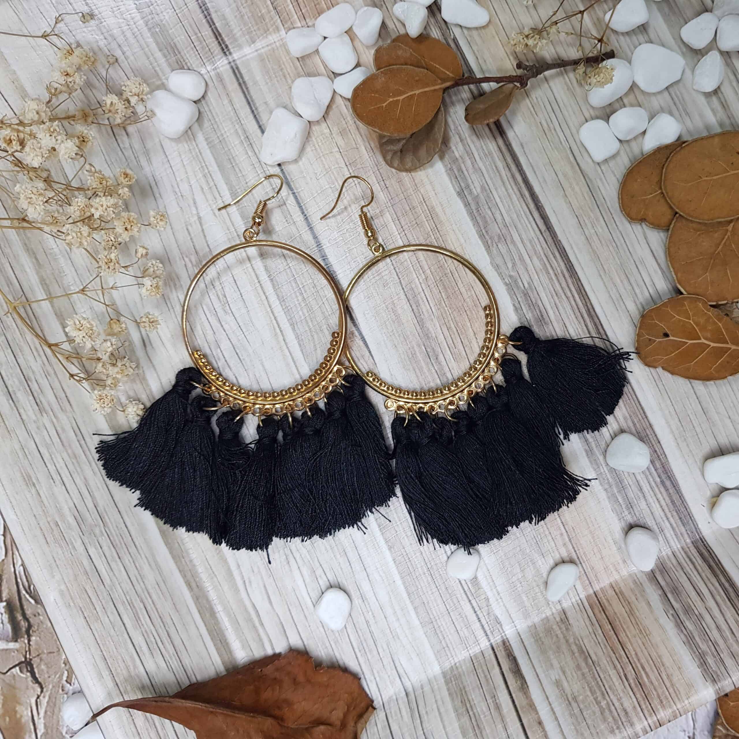 Black tassel gold hoop earrings