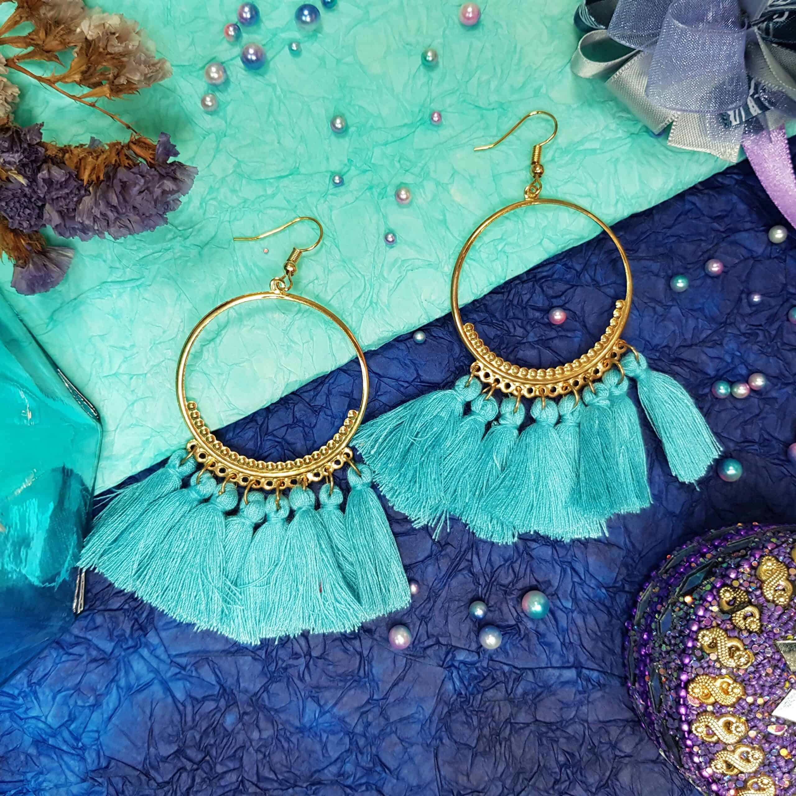 Blue tassel gold hoop earrings