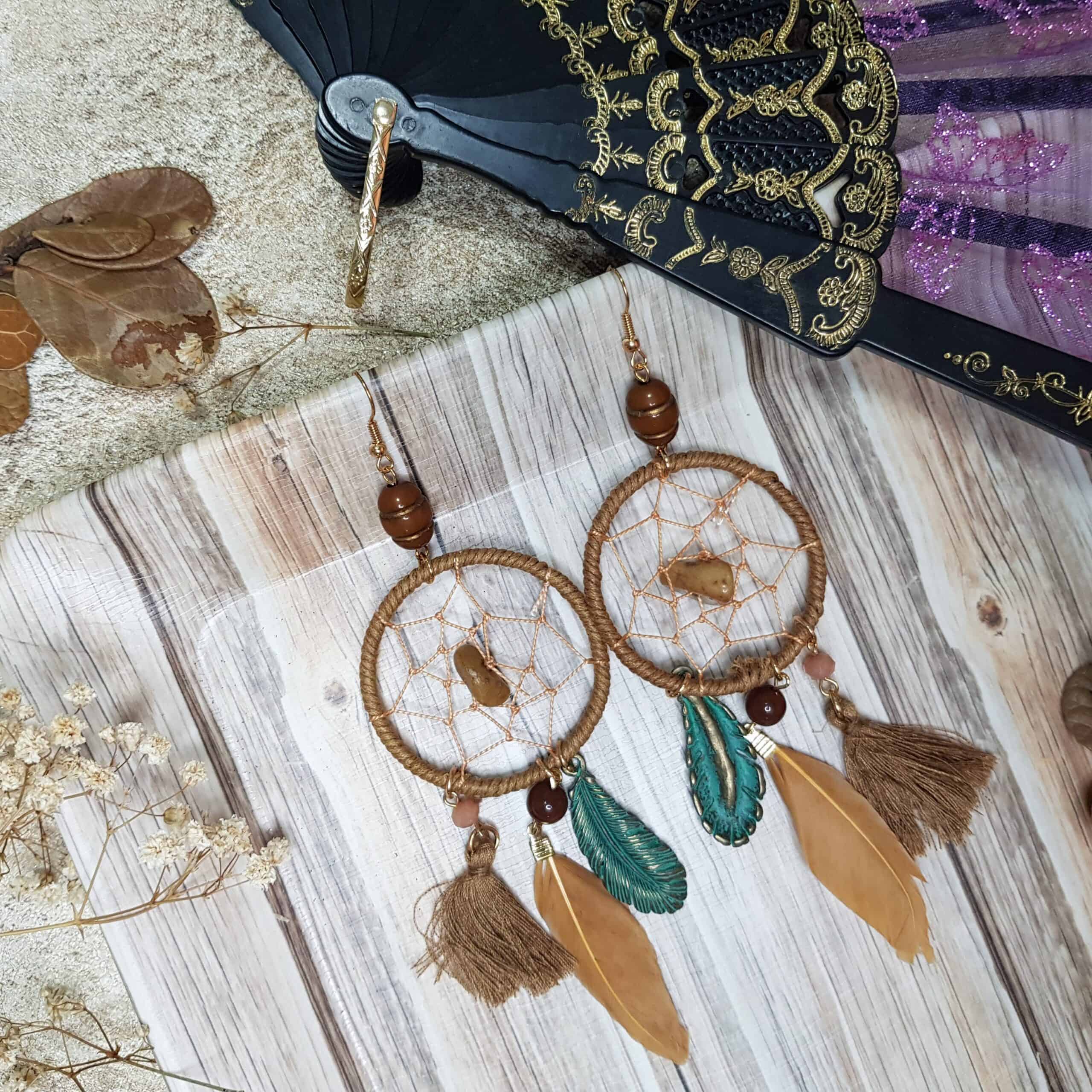 Brown russet beaded dreamcatcher statement earrings