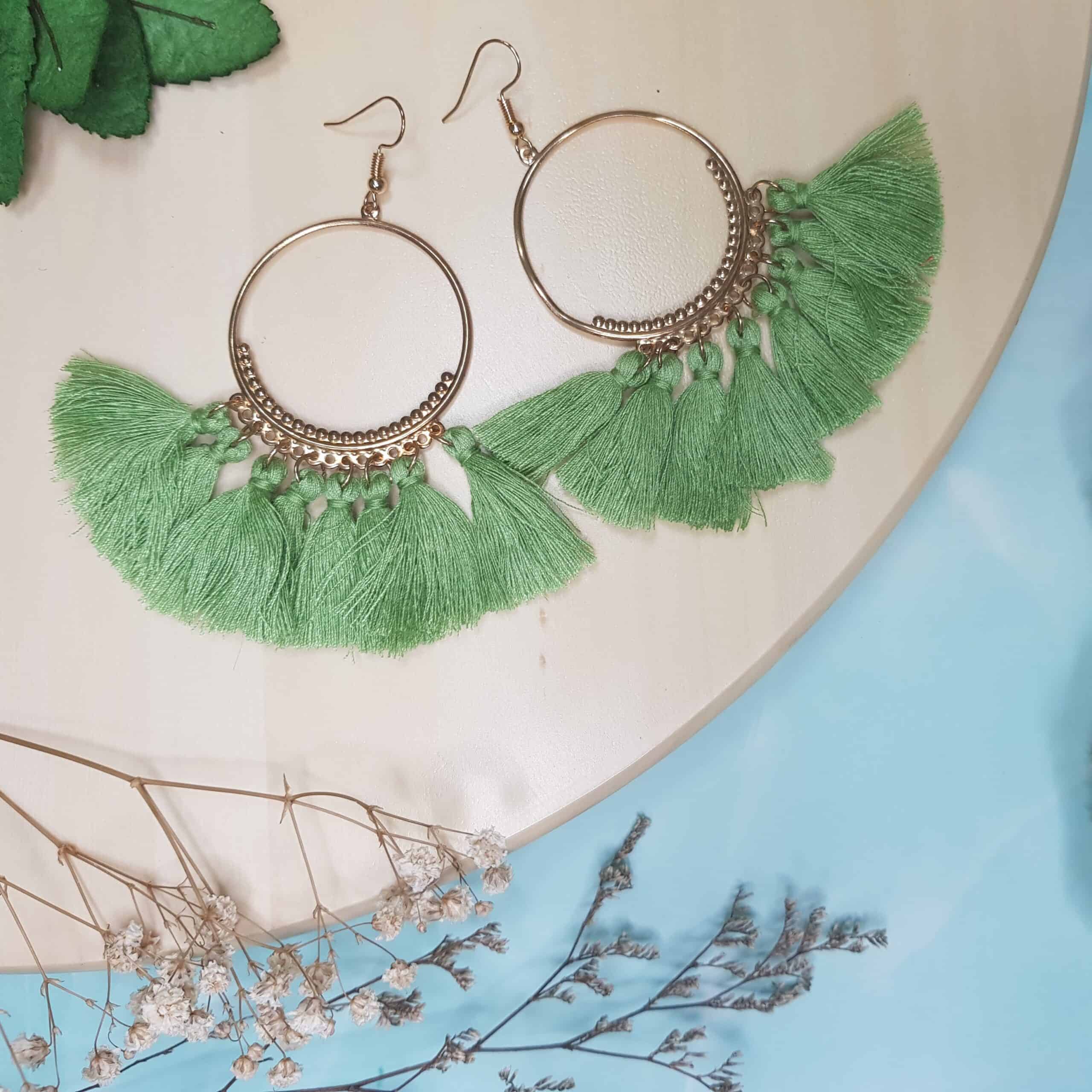 Green tassel gold hoop earrings