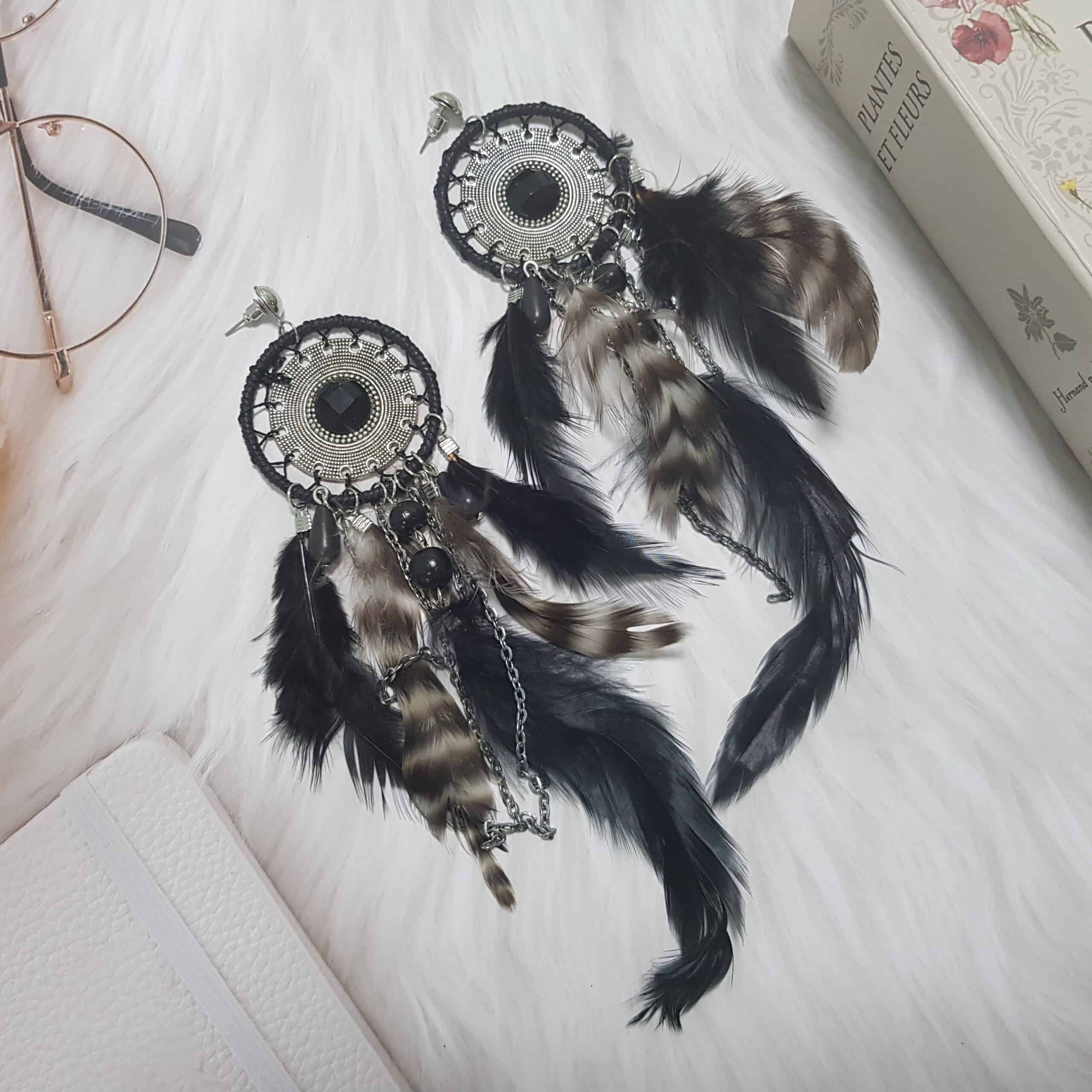 Midnight Hermosa Dreamcatcher Feather Statement Drape Earrings