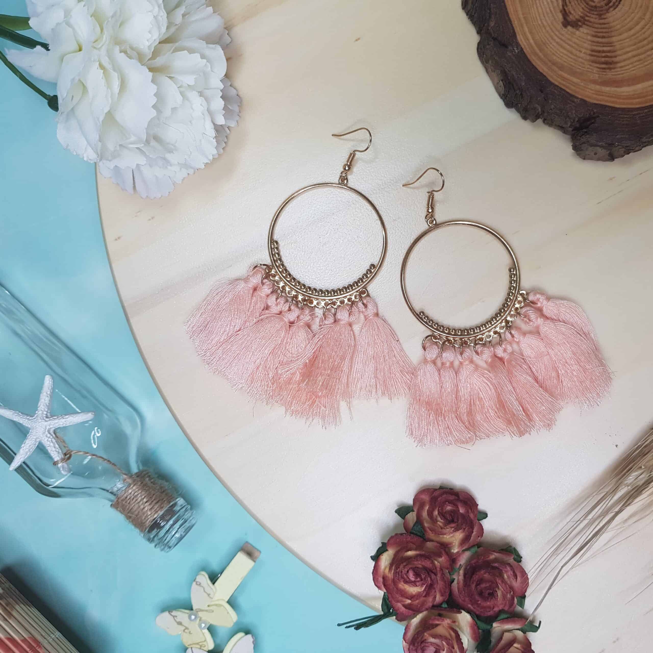 Orange tassel gold hoop earrings