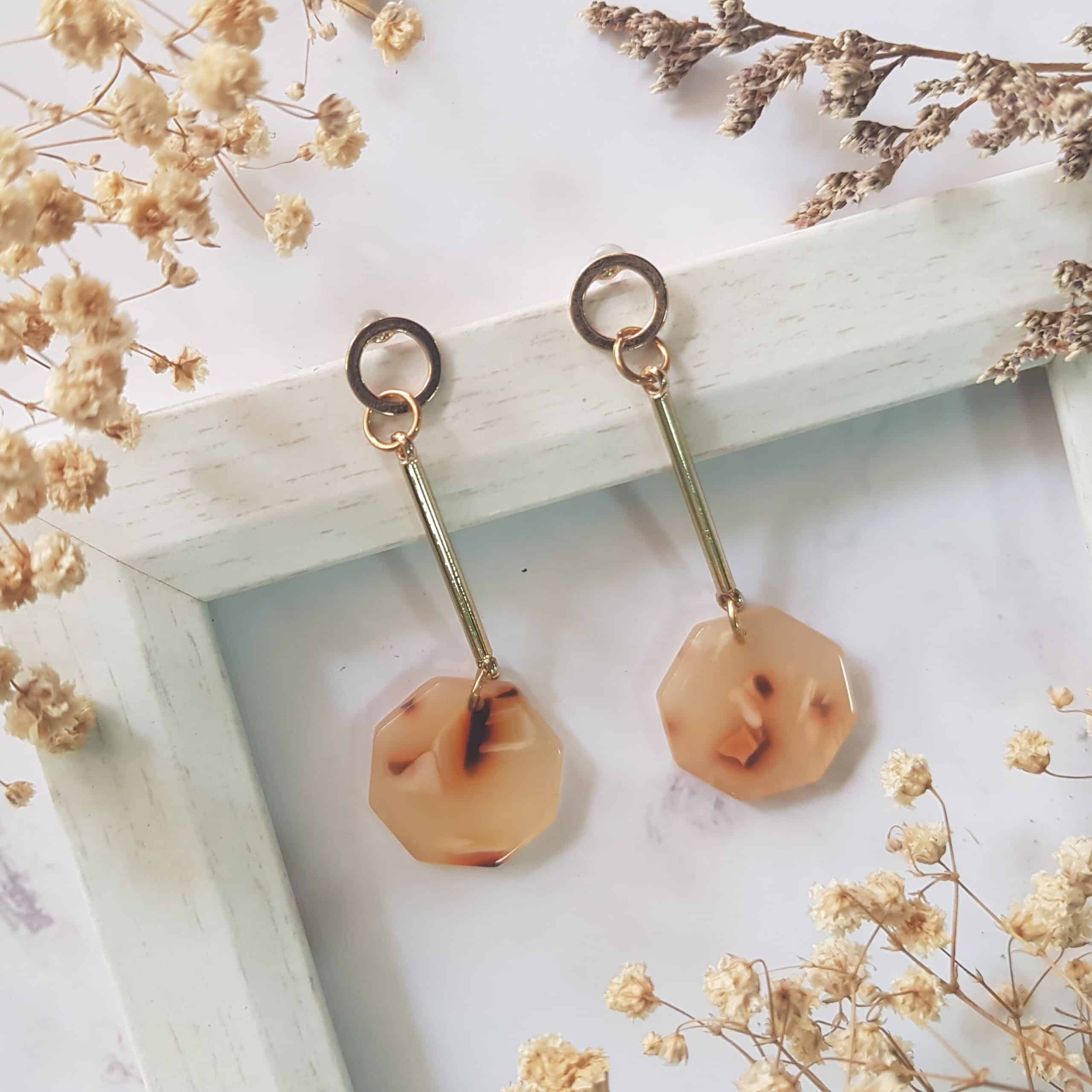 Pale Peach Ombre Resin Watermarble Octagon Drop Earrings