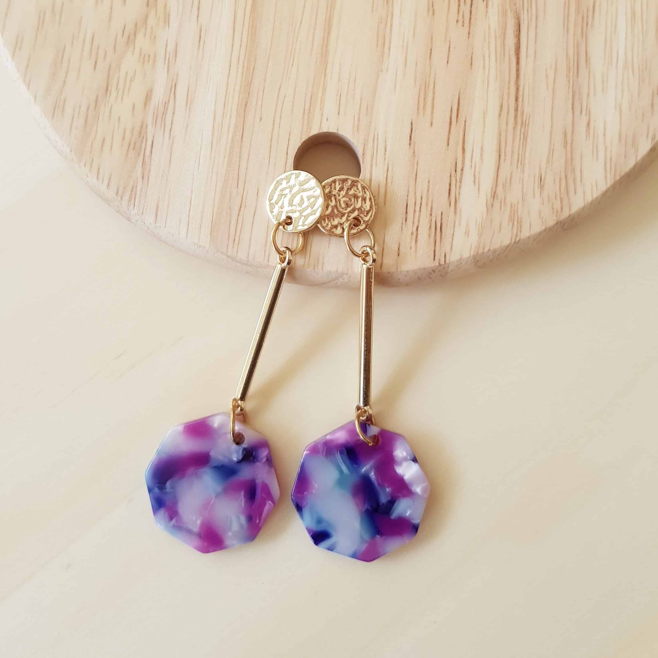 Purple Violet Ombre Resin Watermarble Crystal Coin Octagon Earrings