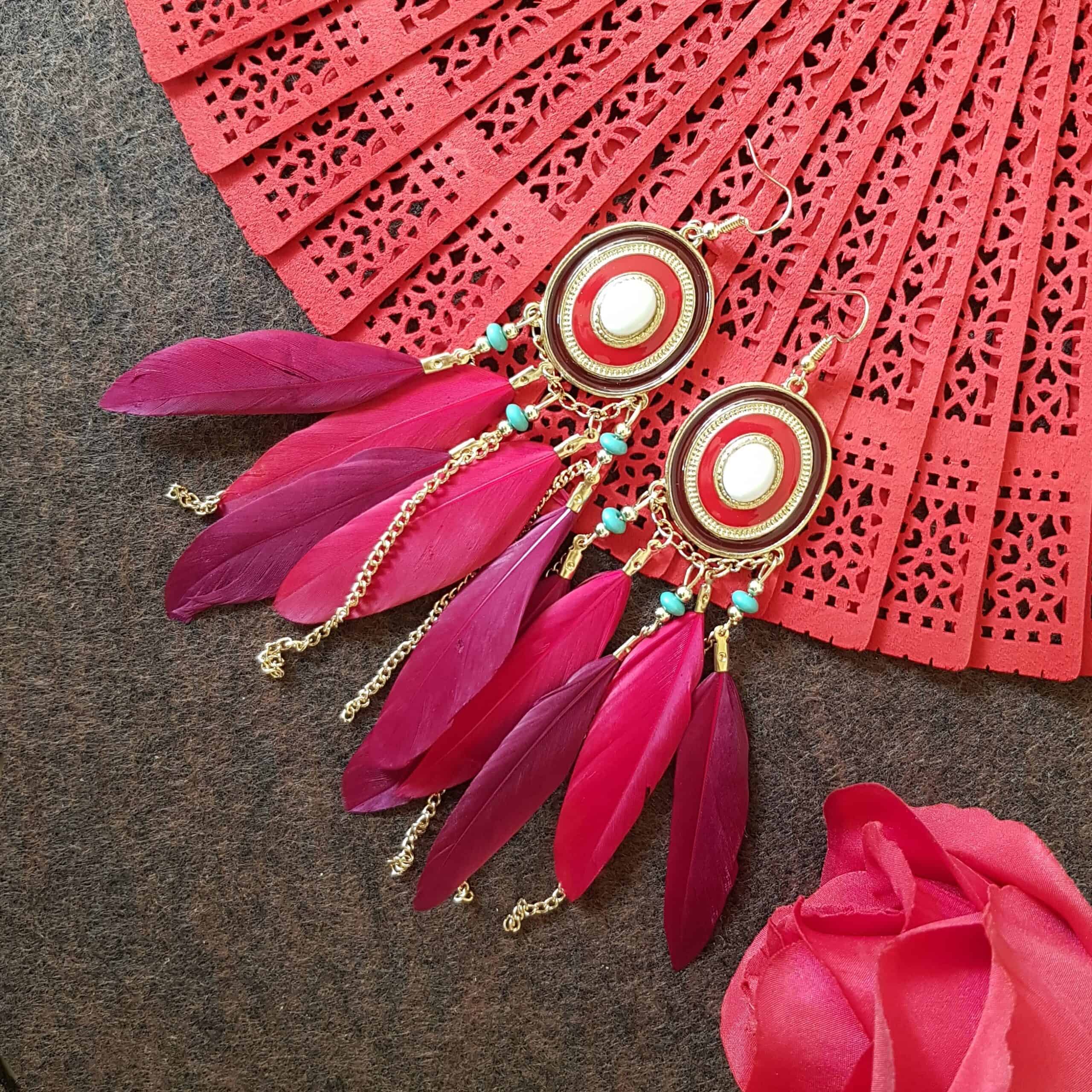 Red and Gold Bohemian Kalon Feather Drop Earrings