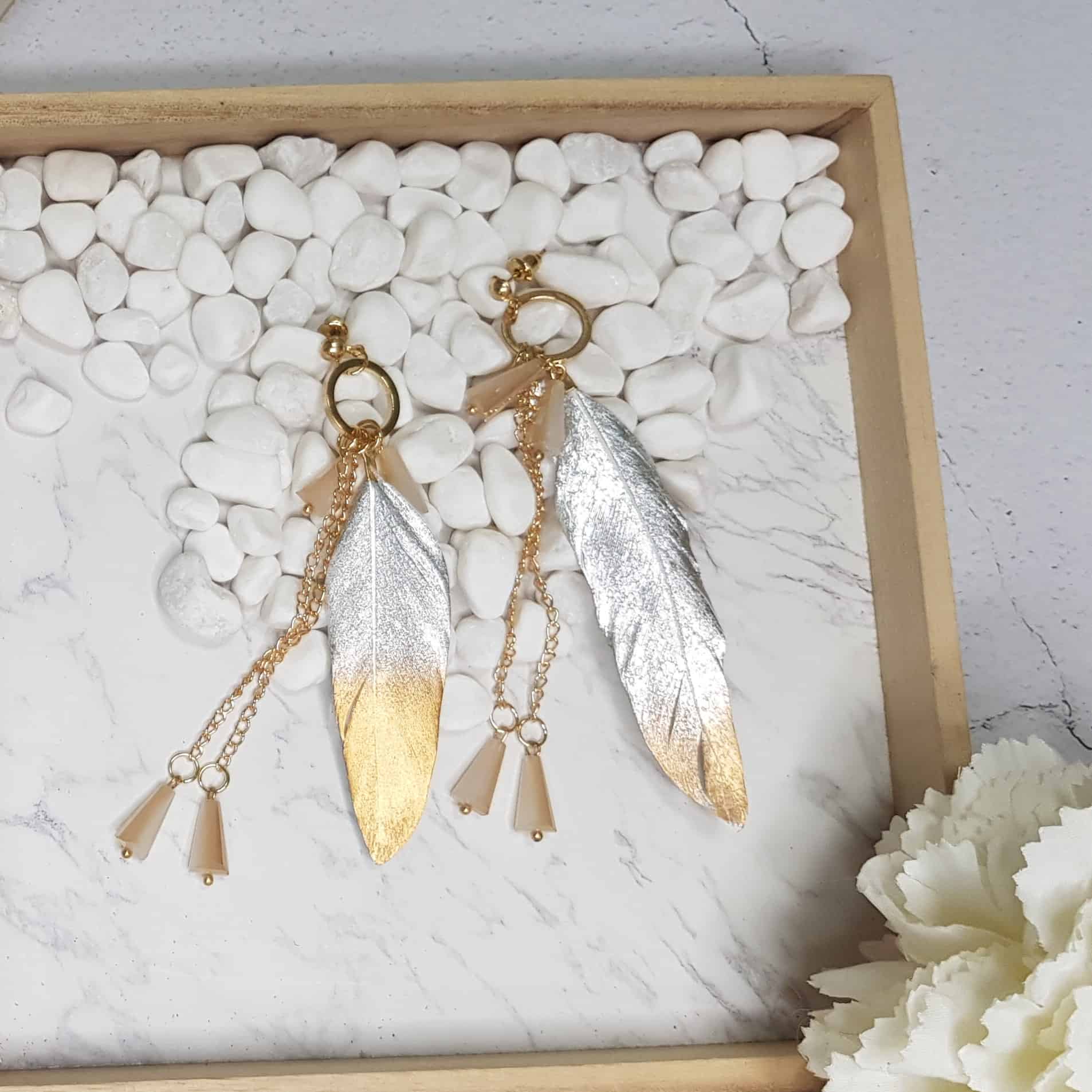 Silver Gracelynn feather earrings with gold accent