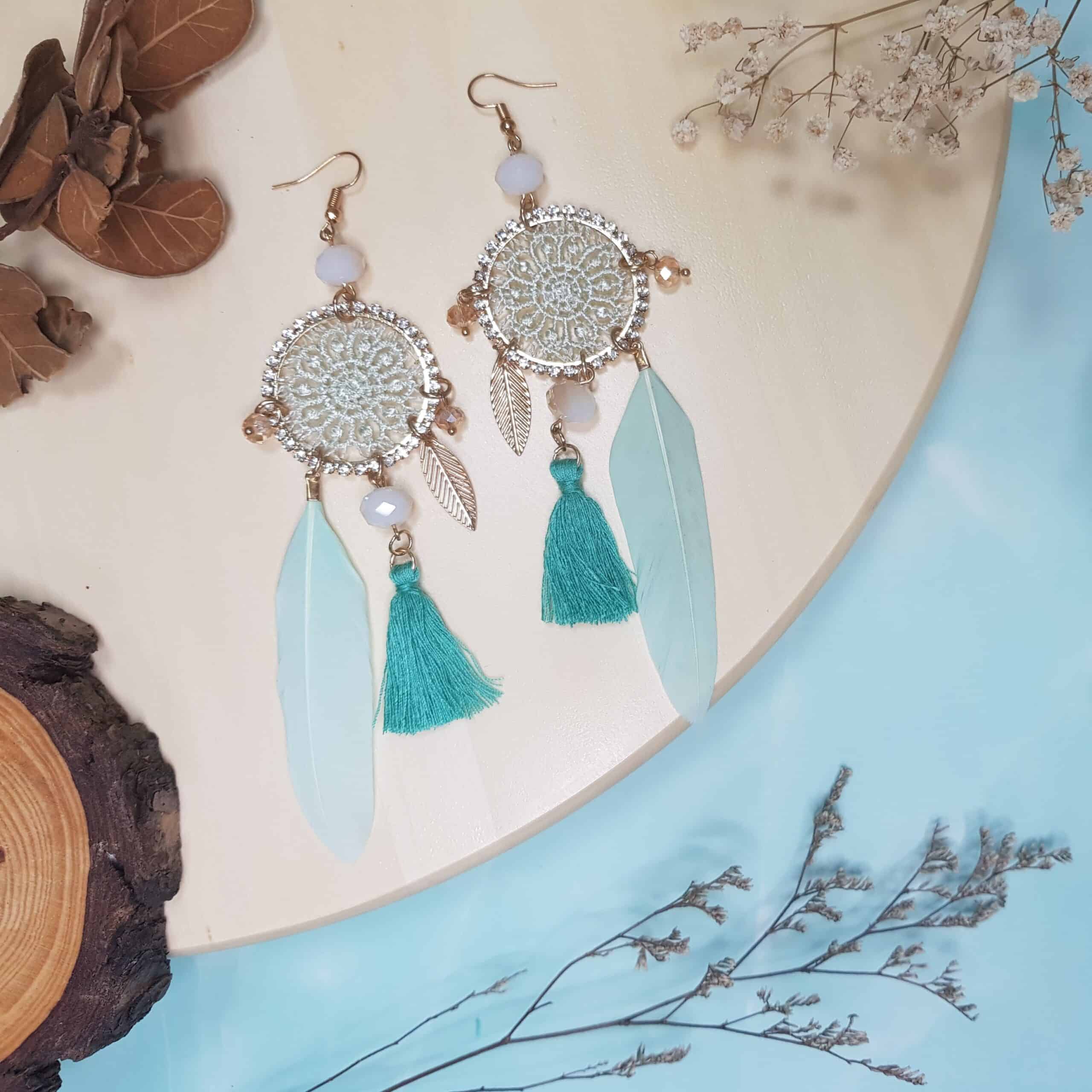 Siria green woven dreamcatcher feather statement earrings