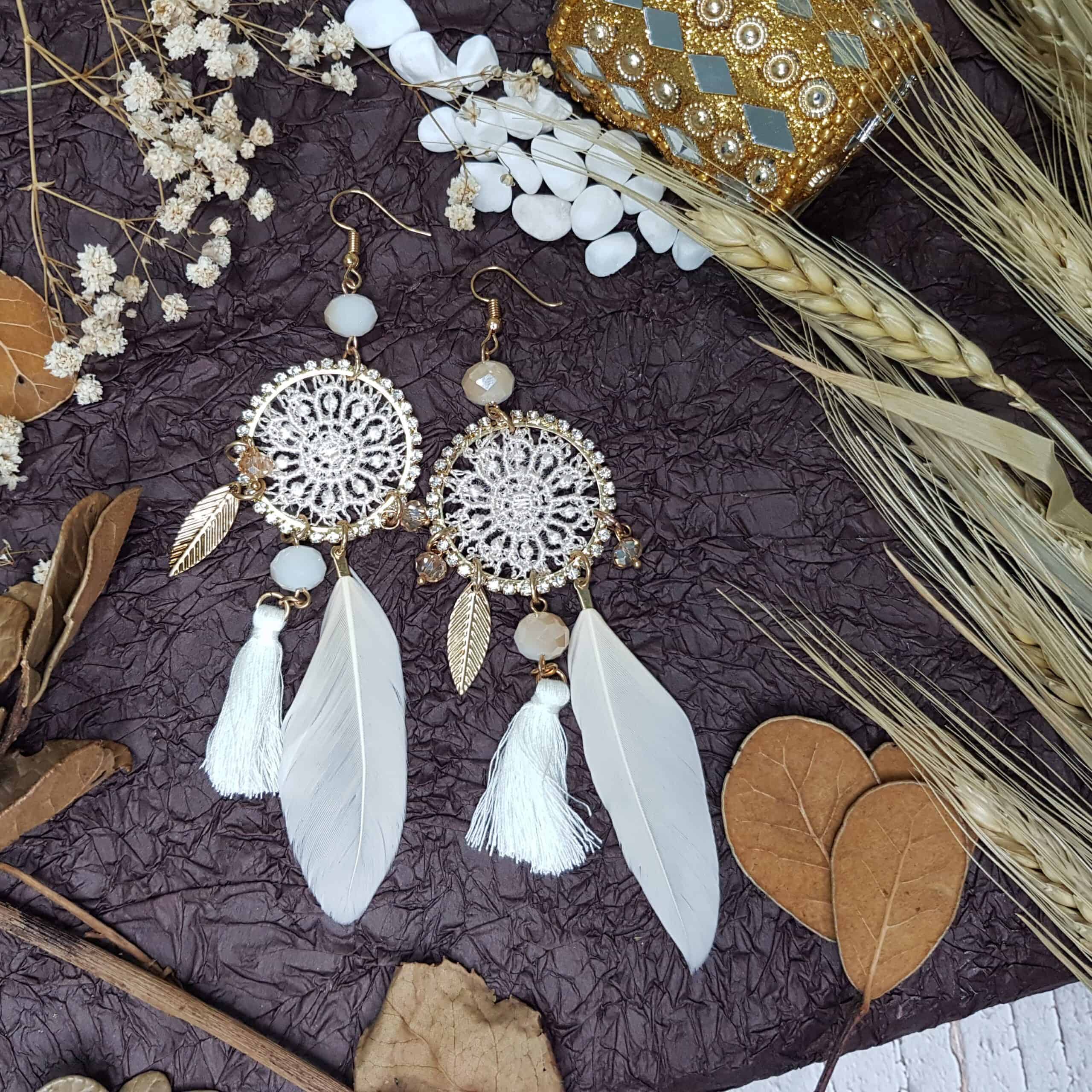 Siria ivory woven dreamcatcher feather statement earrings