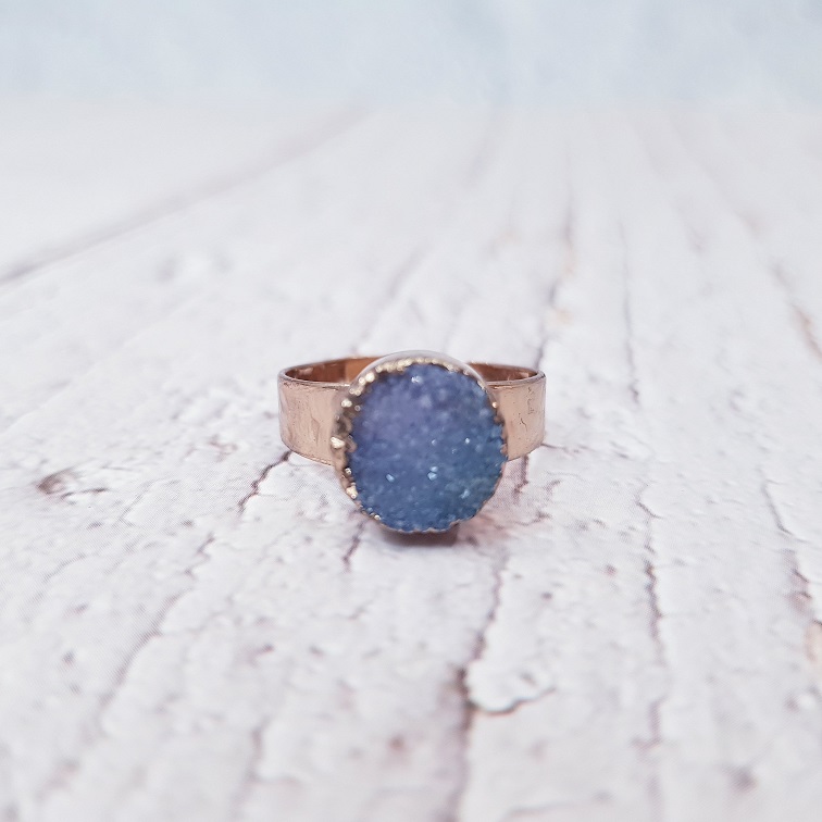 blue round druzy quartz ring