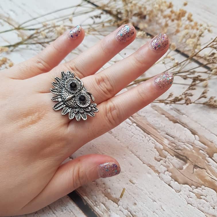 engraved silver owl head ring
