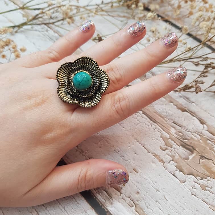 flower boho turquoise adjustable ring