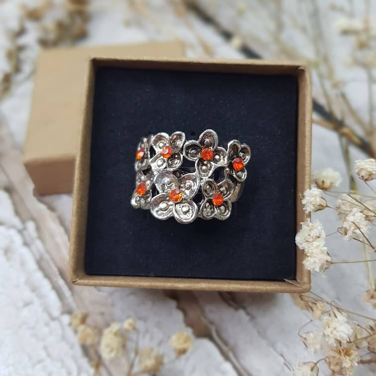 orange silver floral cluster ring