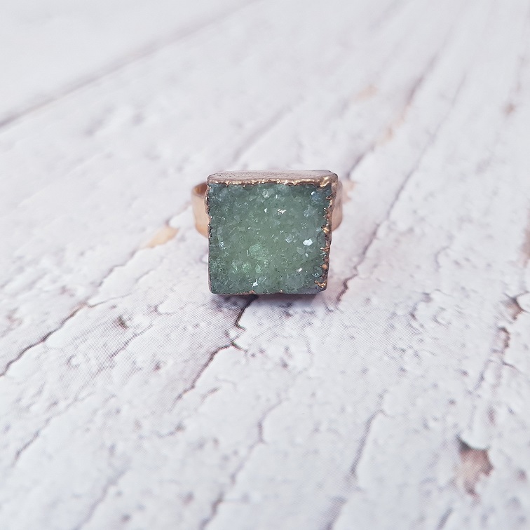 square cut green druzy quartz ring