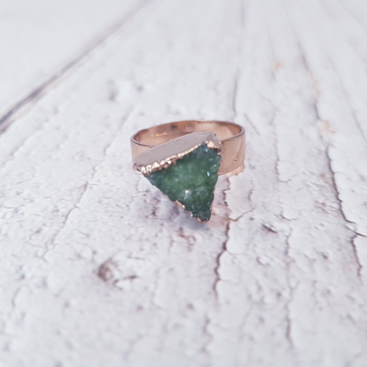 triangle cut green druzy quartz ring