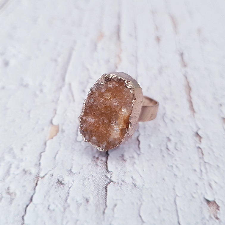 natural brown druzy quartz gold ring