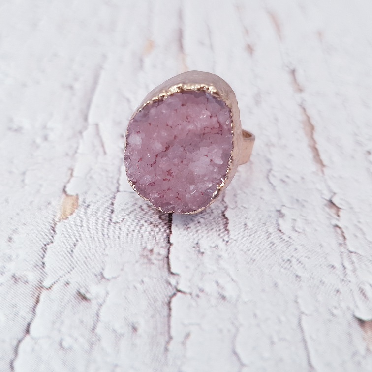 natural pink druzy quartz gold ring