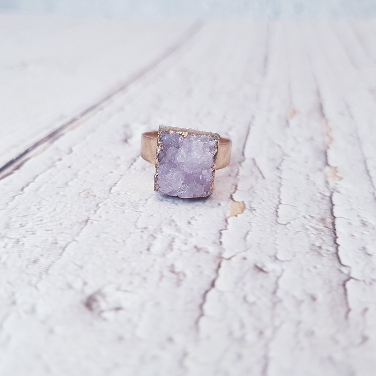 square cut pink druzy quartz ring