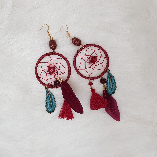 scarlett red dreamcatcher feather earrings