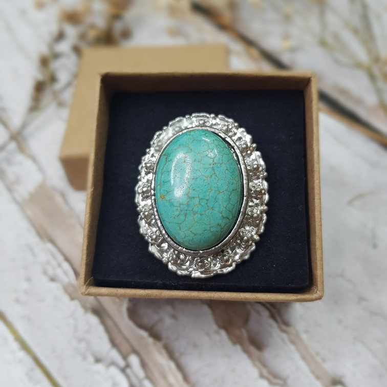 silver floral embossed turquoise ring