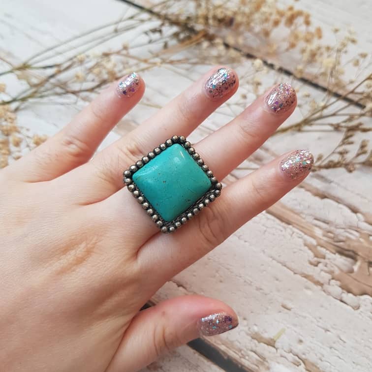 square cut turquoise steel ring