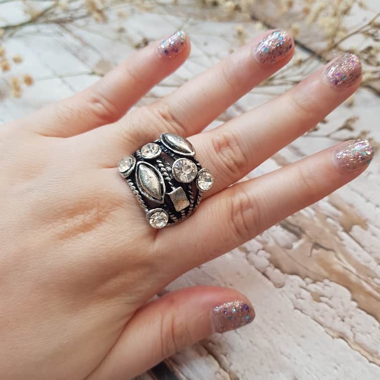 vintage silver vines rhinestones ring