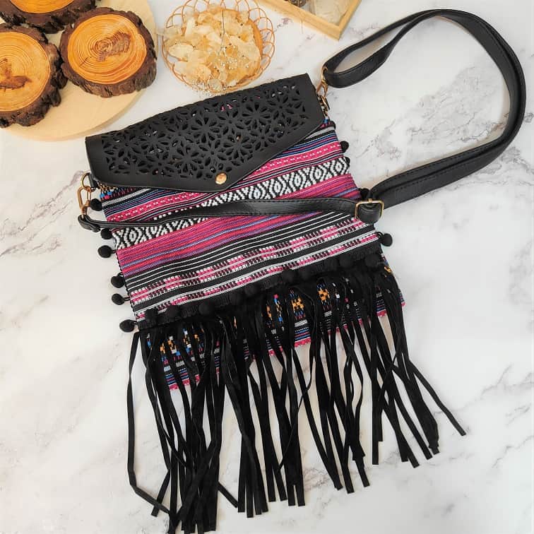 black boho coco fringed sling bag