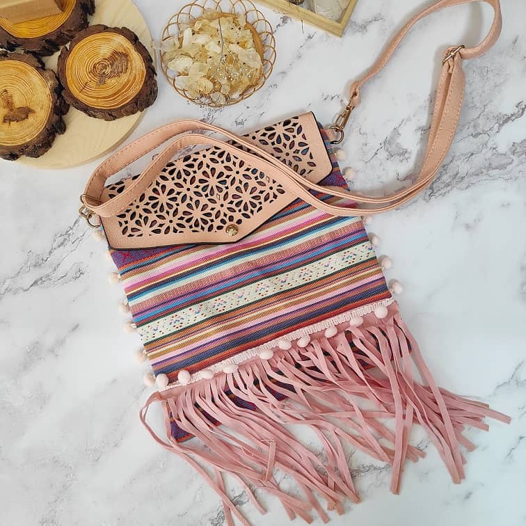 baby pink boho coco fringed sling bag