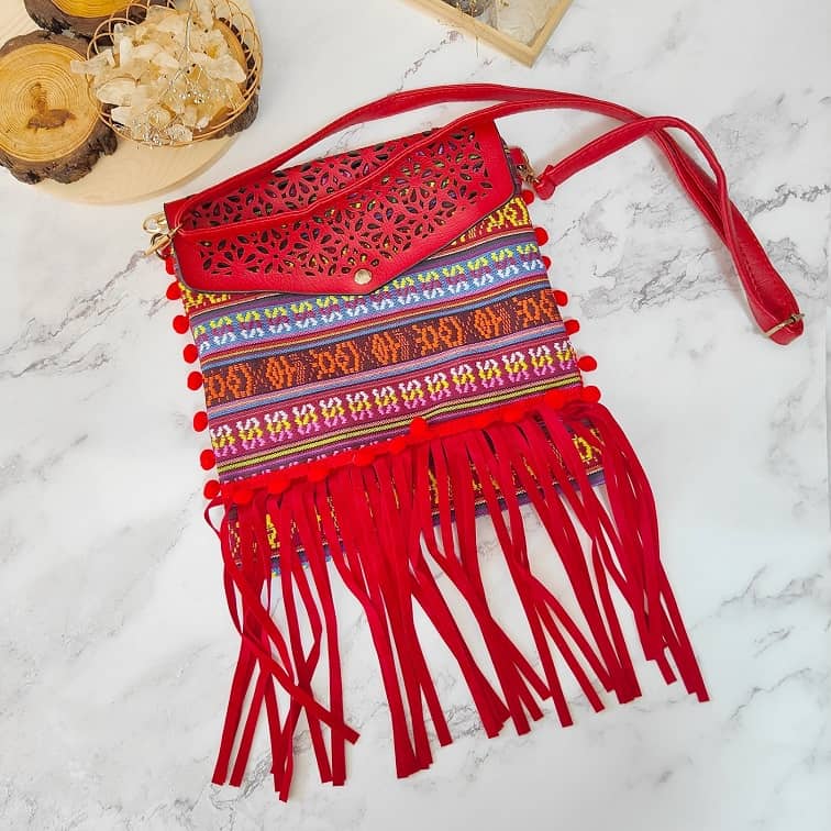 red bohemian coco fringed sling bag