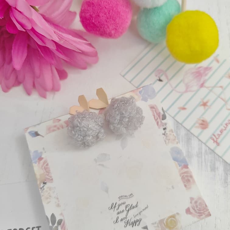 Pink Grey Mini Heart Pompom Earrings