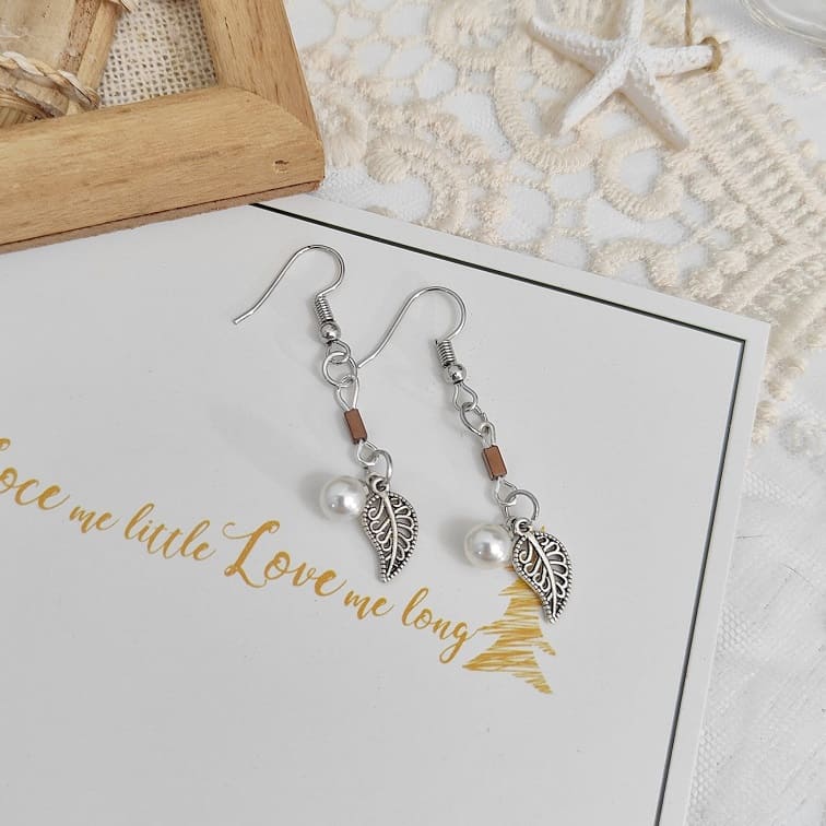 Silver Leaf Charm Drop Earrings