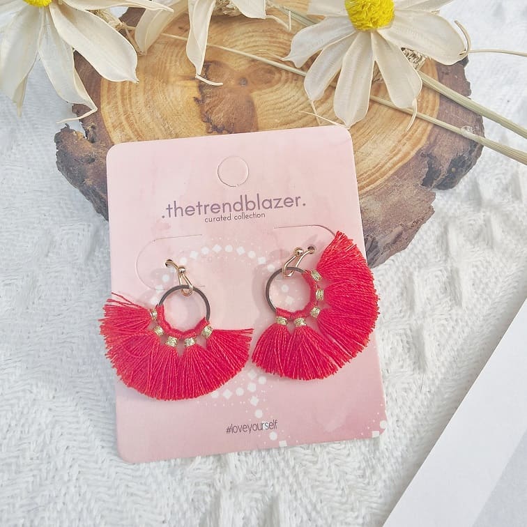 red petite round wired tassel earrings