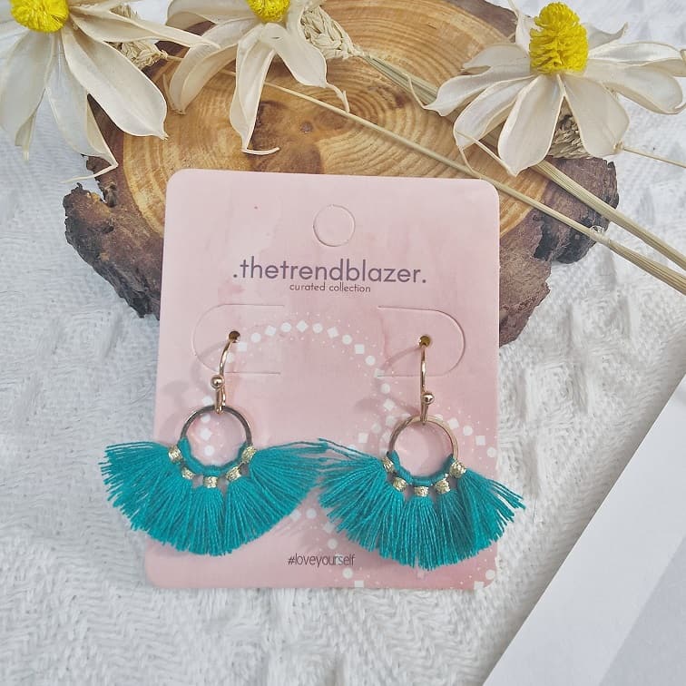 teal petite round wired tassel earrings