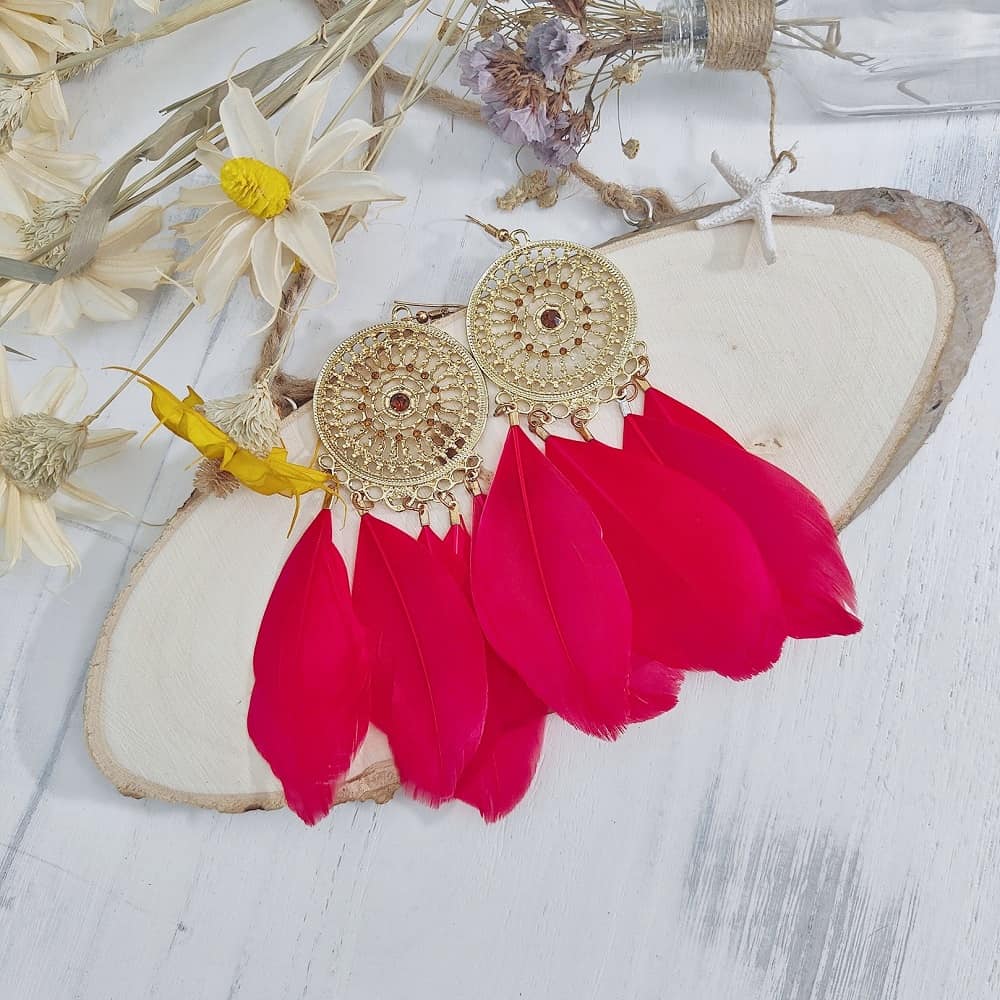 red-boho-gold-totem-feather-earrings