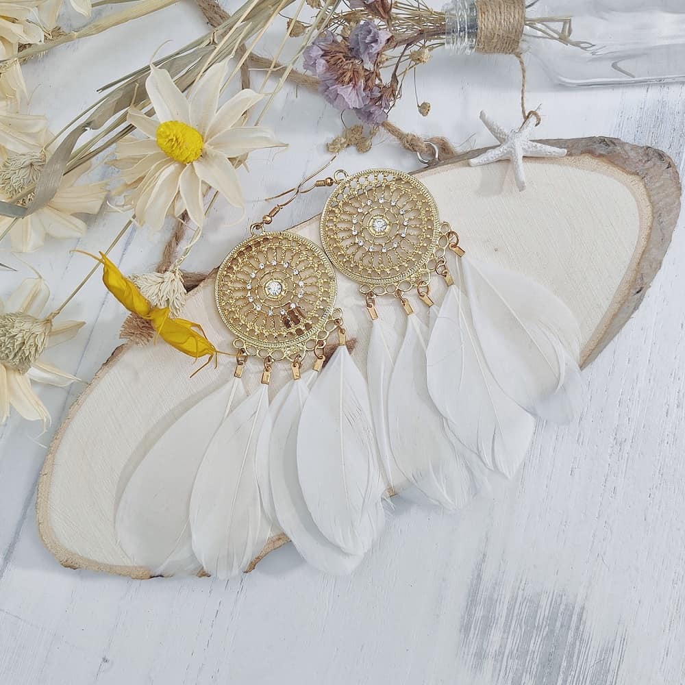 white-boho-gold-totem-feather-earrings