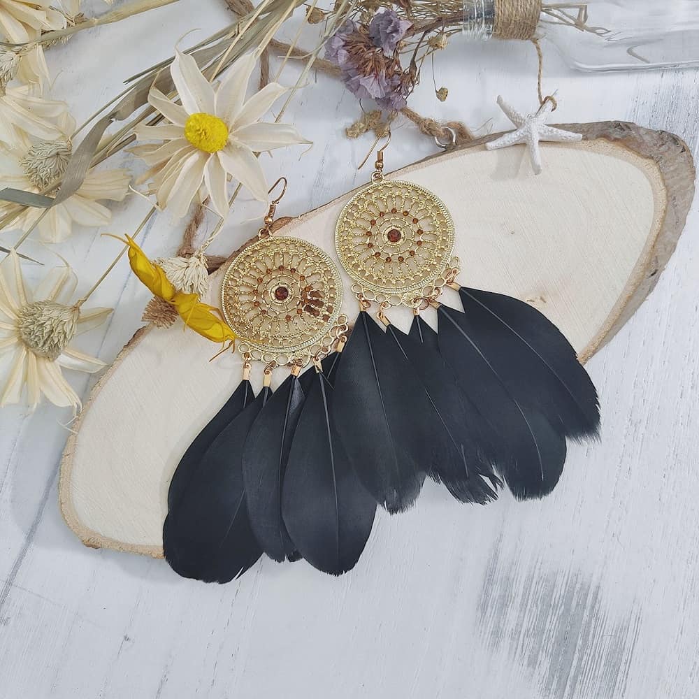 black-boho-gold-totem-feather-earrings