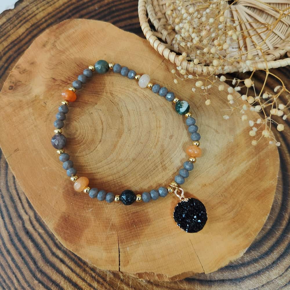 Druzy Quartz Black and Gold Beaded Bracelet