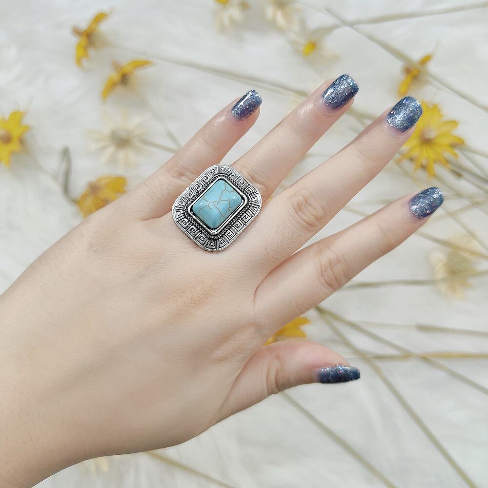 Silver Turquoise Aztec Waves Statement Ring