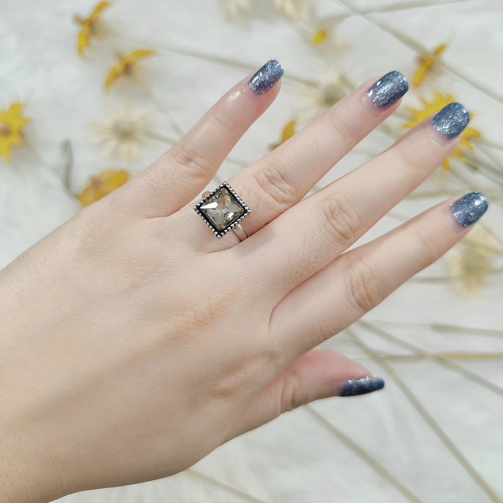Silver Squarish Smoky Crystal Rhinestone Ring