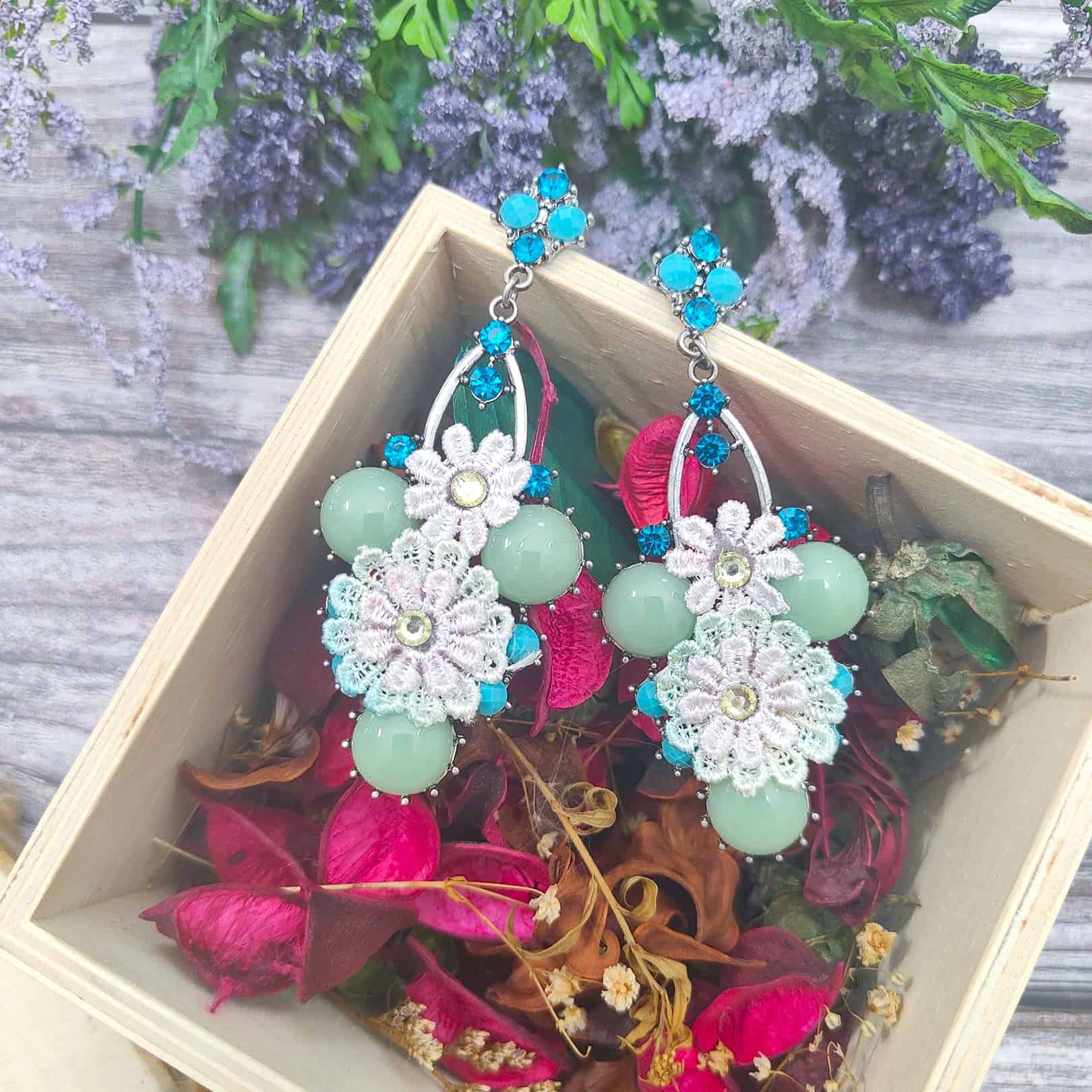 Aqua Mint Floral Lace Woven Earrings