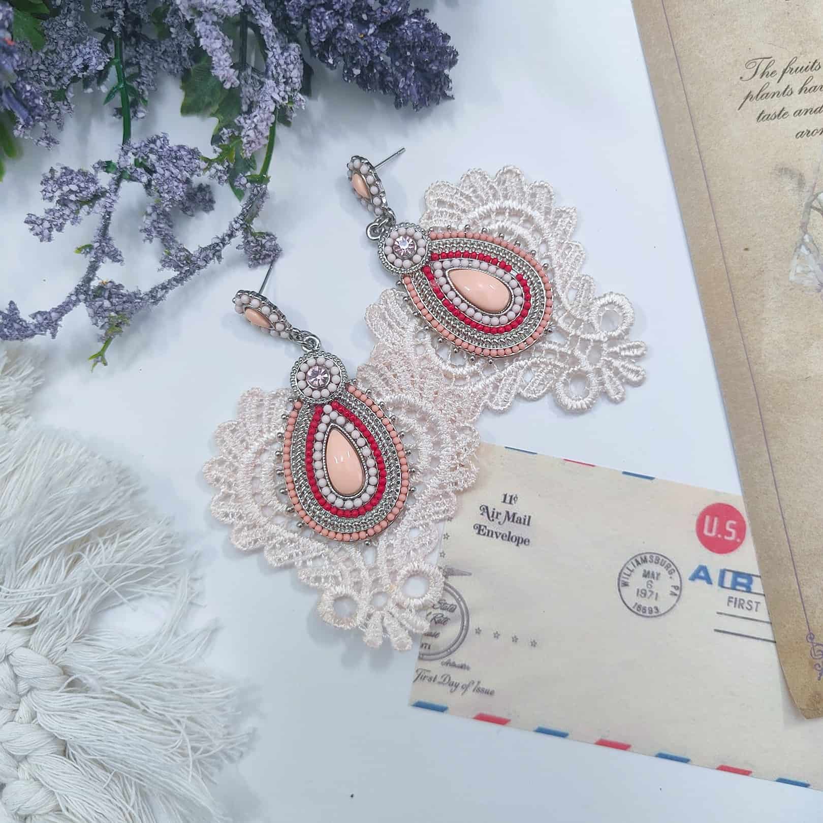 Blush and Lacy Beaded Statement Earrings