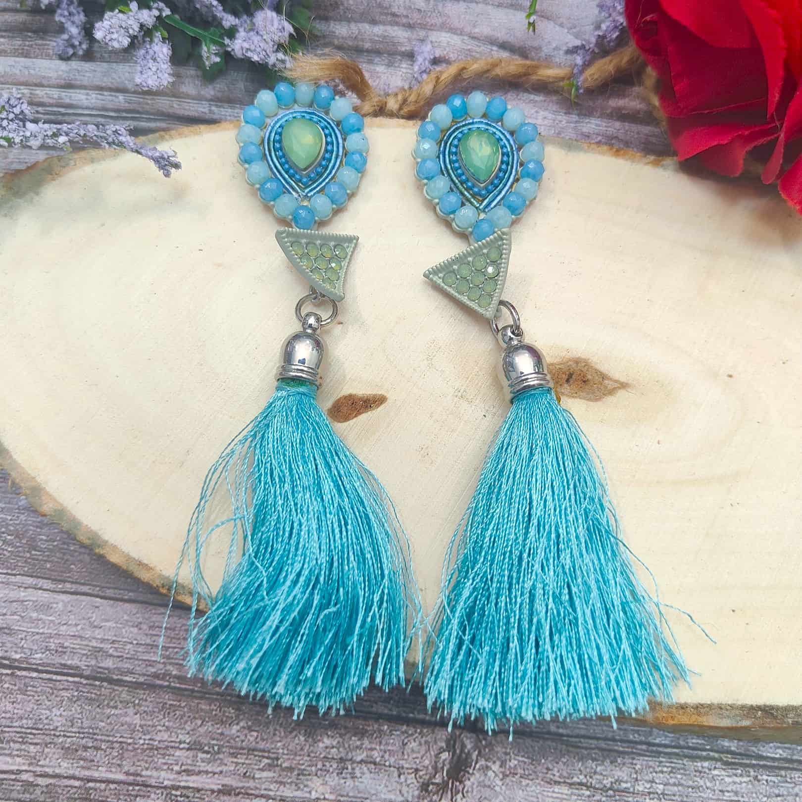 Cerulean Embellished String Tassel Earrings