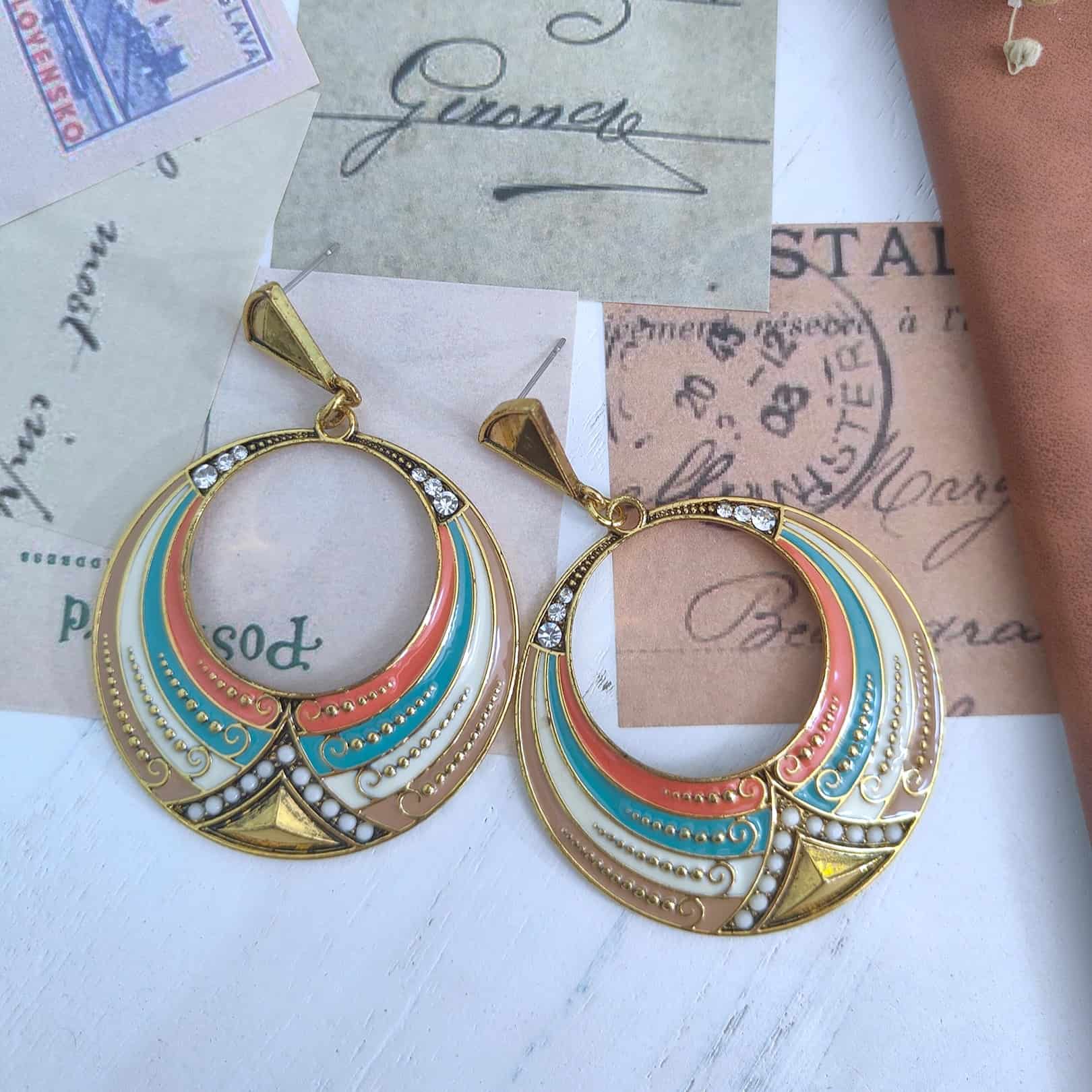 Colossal Ruby Gold Aztec Enamel Hoop Earrings