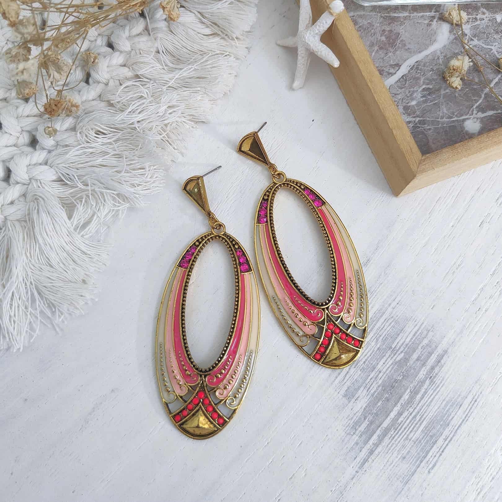Colossal Ruby Gold Enamel Ovate Drop Earrings