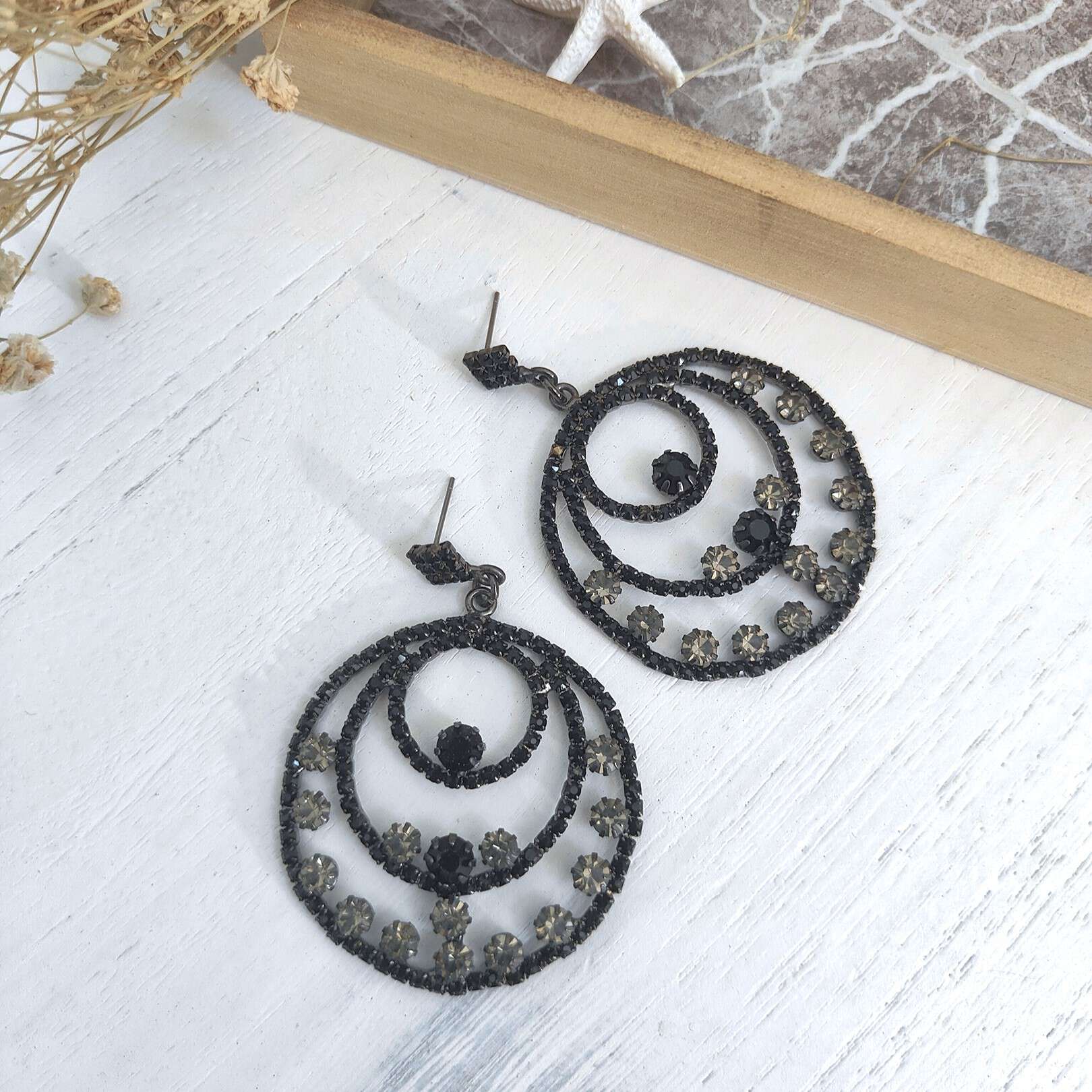 Black Contessa Cradle Embellished Statement Earrings